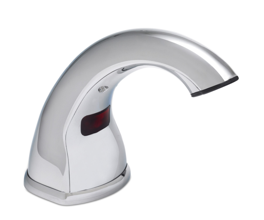 A sleek, curved chrome faucet with a sensor panel on the front, designed for hands-free operation. PURELL® CX10™ Chrome Counter Mount Soap Dispenser (12.5 in. x 10.375 in. x 5.25 in., 1/Case)